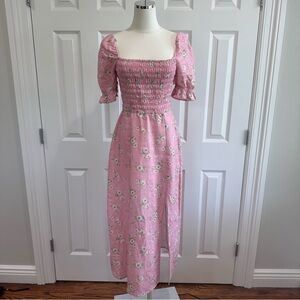 & Other Stories Pink Linen Smocked Midi Sundress Puff Sleeves Size EU 36, US S